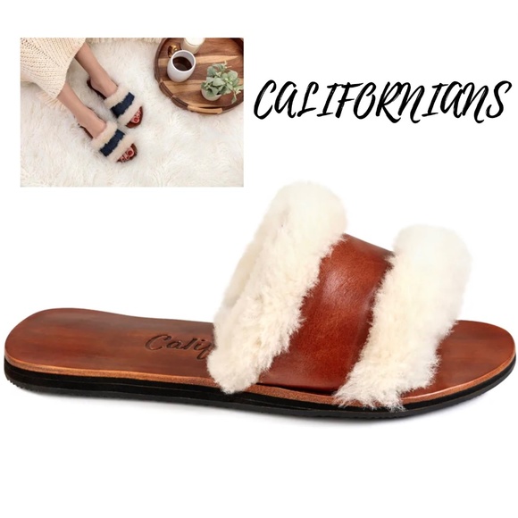Californians Shoes - Californians Hannah Cognac genuine shearling slippers mules fashion flat sandals